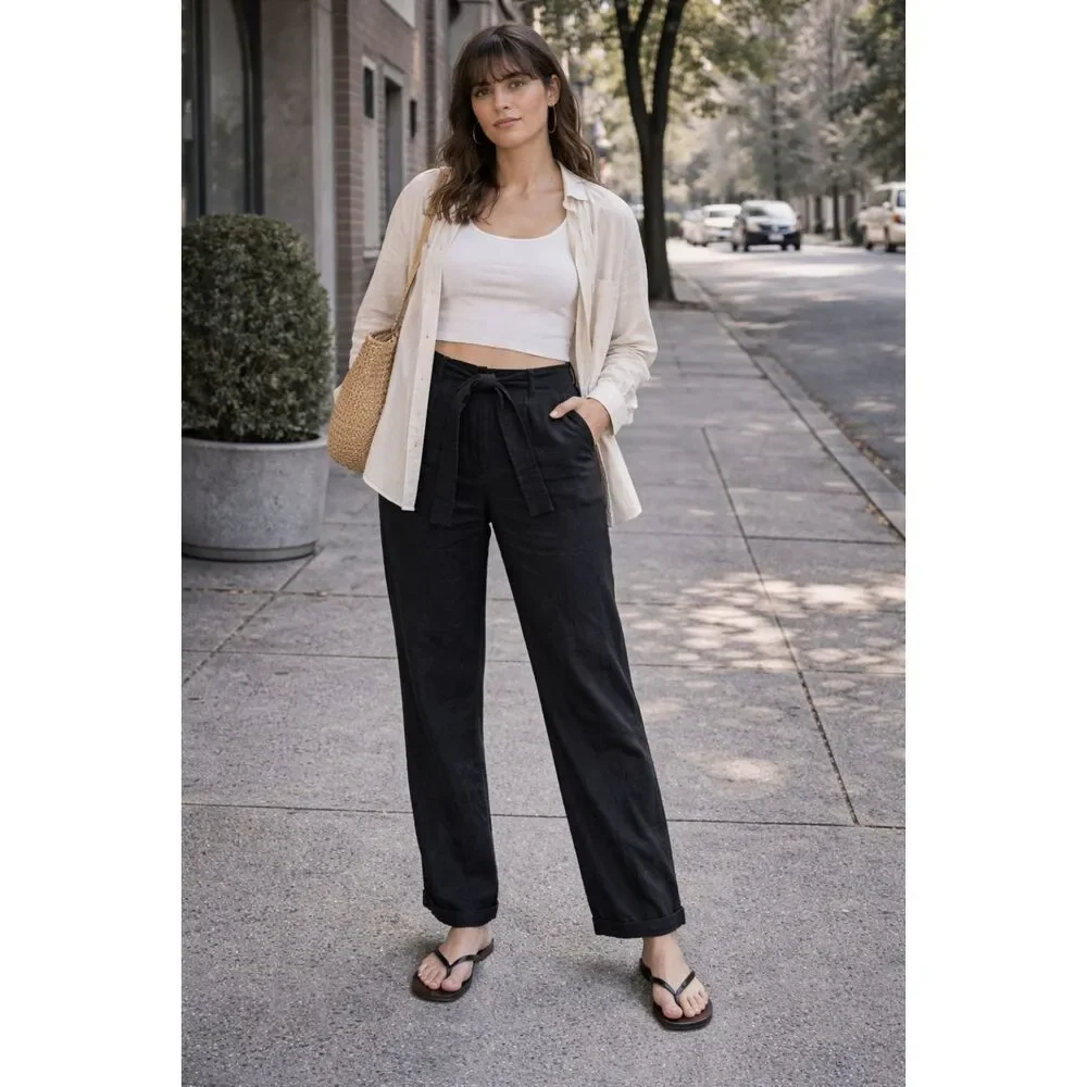 REFORMATION Black Linen Wide Leg Waist Tie Pants Trousers  Women's Size 6